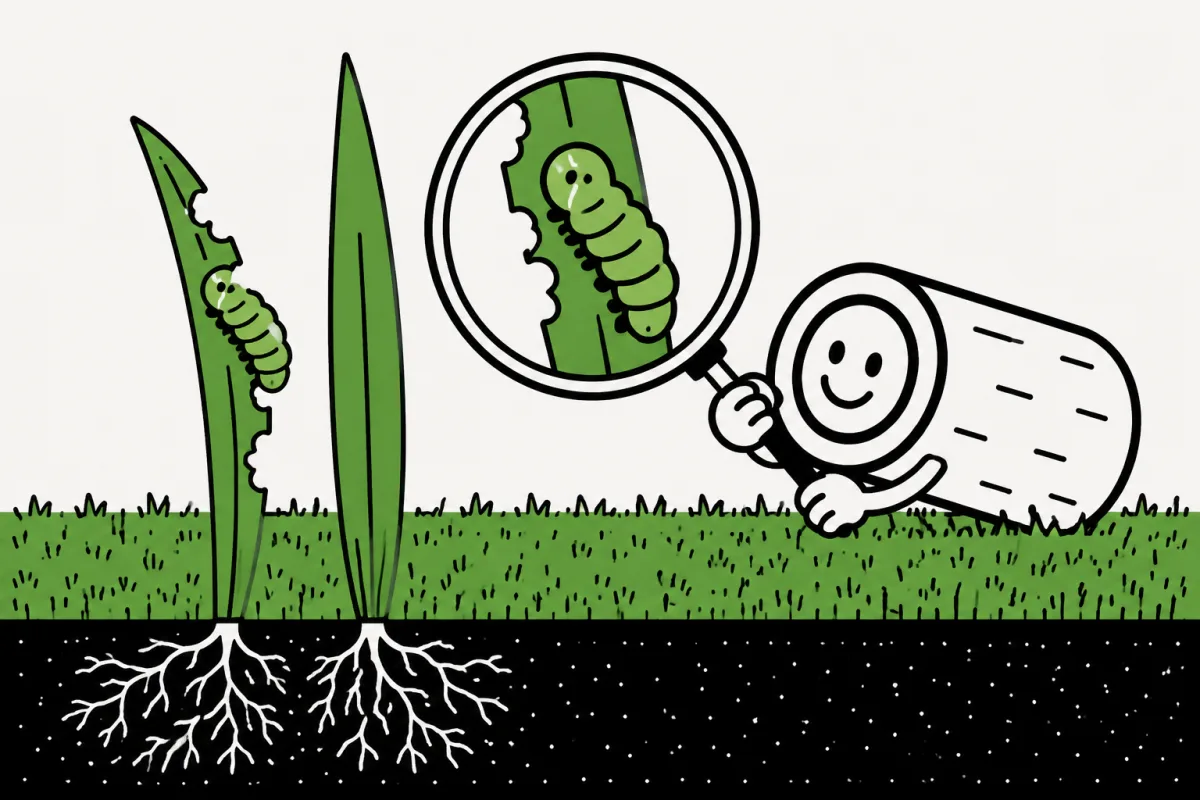 A magnified caterpillar sits beside chewed and intact grass blades above undamaged roots.