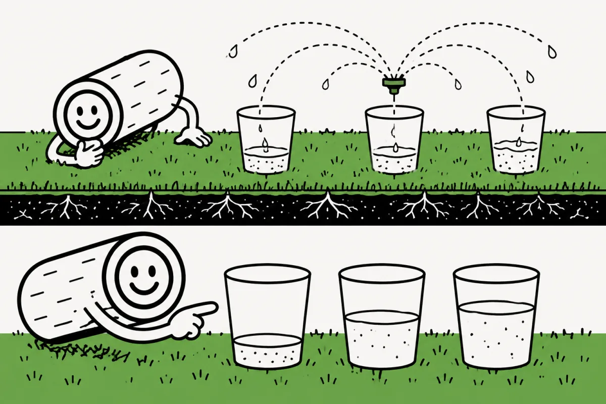 Matching catch cups collect different depths of water across a sprinkler zone.