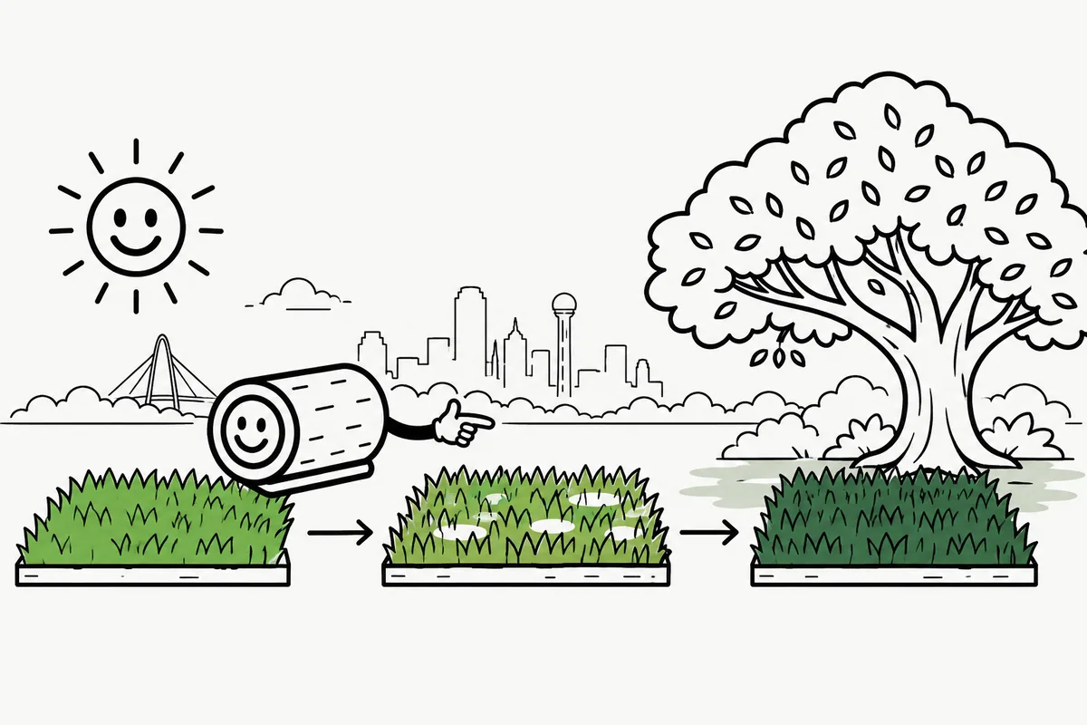 Rolly points from a sunny lawn, through part sun, to a lawn shaded by a live oak in Dallas-Fort Worth