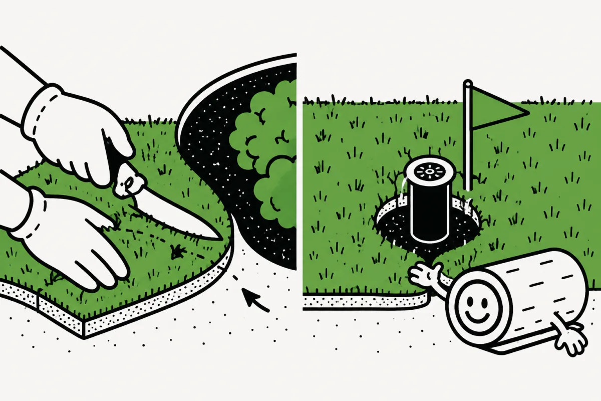 Hands trim sod along a curved bed and fit it around a flagged sprinkler head.
