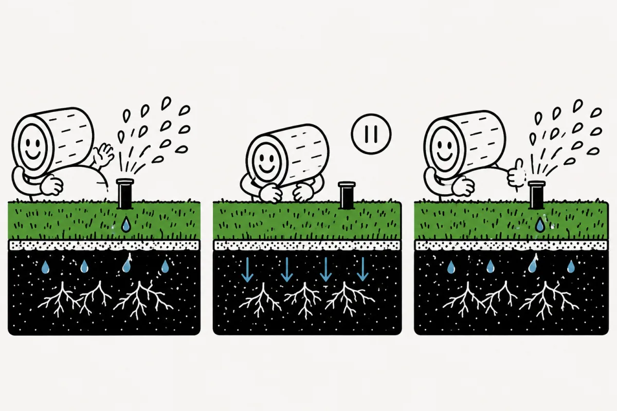 Three illustrated stages of watering and allowing water to soak into the soil