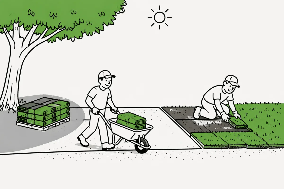 A shaded sod pallet supplies a wheelbarrow and a person laying turf nearby.