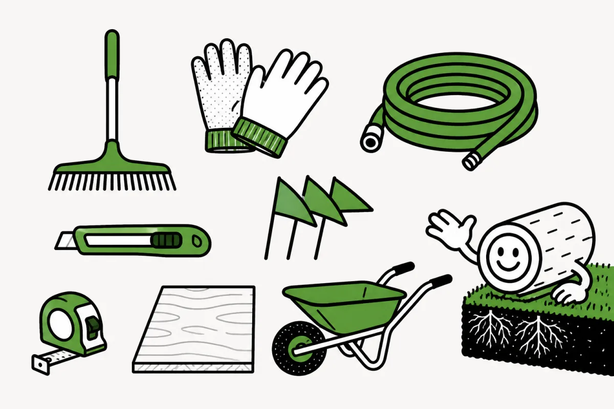 A rake, gloves, hose, knife, flags, tape measure, plywood, and wheelbarrow are arranged for a sod installation.
