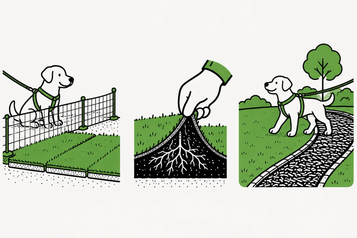 A dog waits behind a fence, a hand checks roots, and a dog uses a path by established turf.