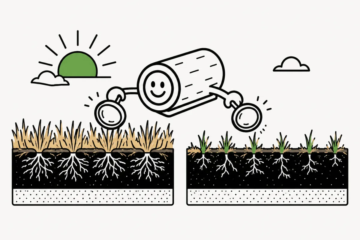 Two schematic turf cutaways compare intact roots with damaged roots.