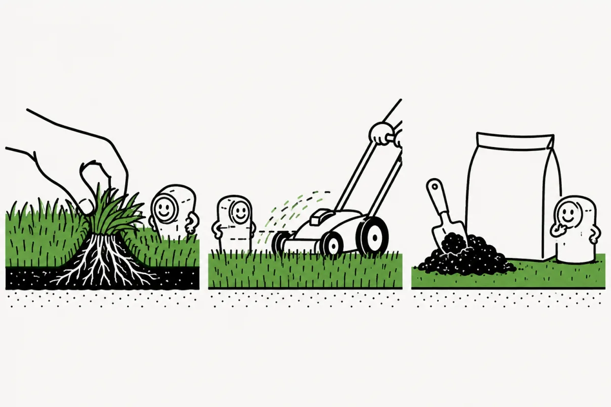 Root testing, a mower trimming grass tips, and a soil sample beside a fertilizer bag.