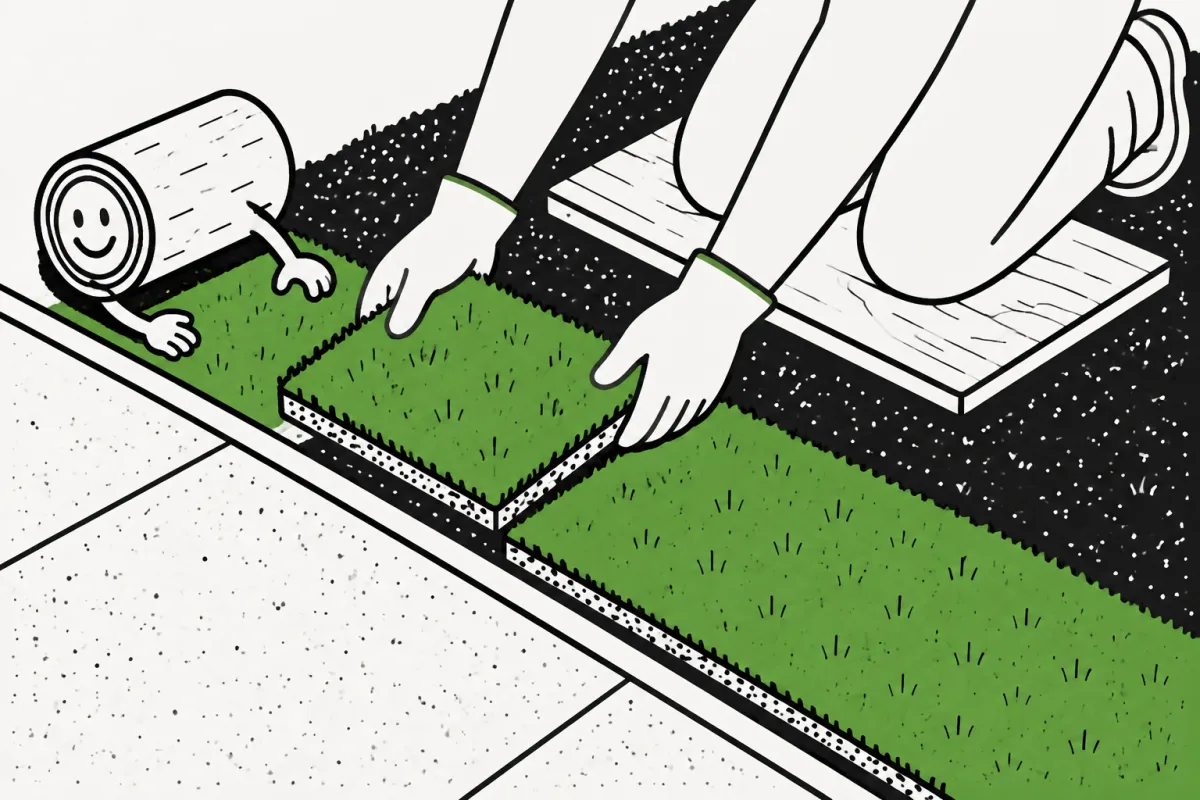 A person fits sod rectangles along a straight walkway while working from a plywood board.