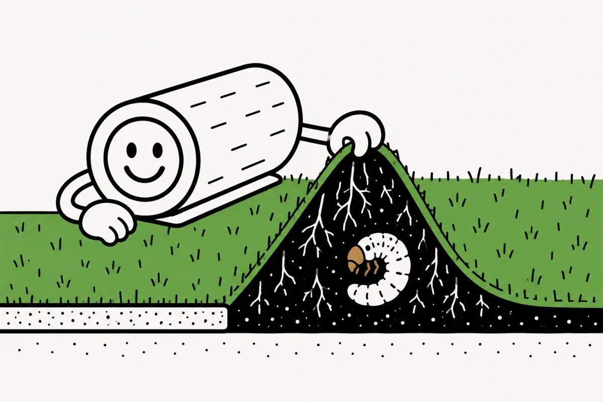 A lifted turf edge reveals a C-shaped grub among roots in the soil.