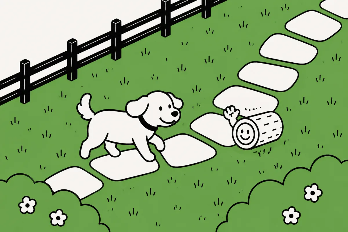A dog follows a path beside the lawn, leaving fresh turf protected.