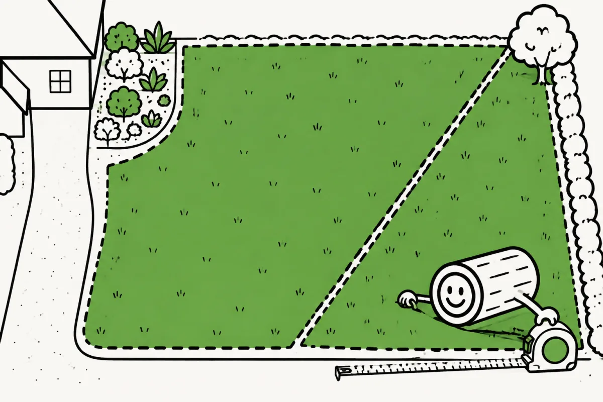 An overhead lawn has dashed measuring lines and excludes a driveway and planted beds.