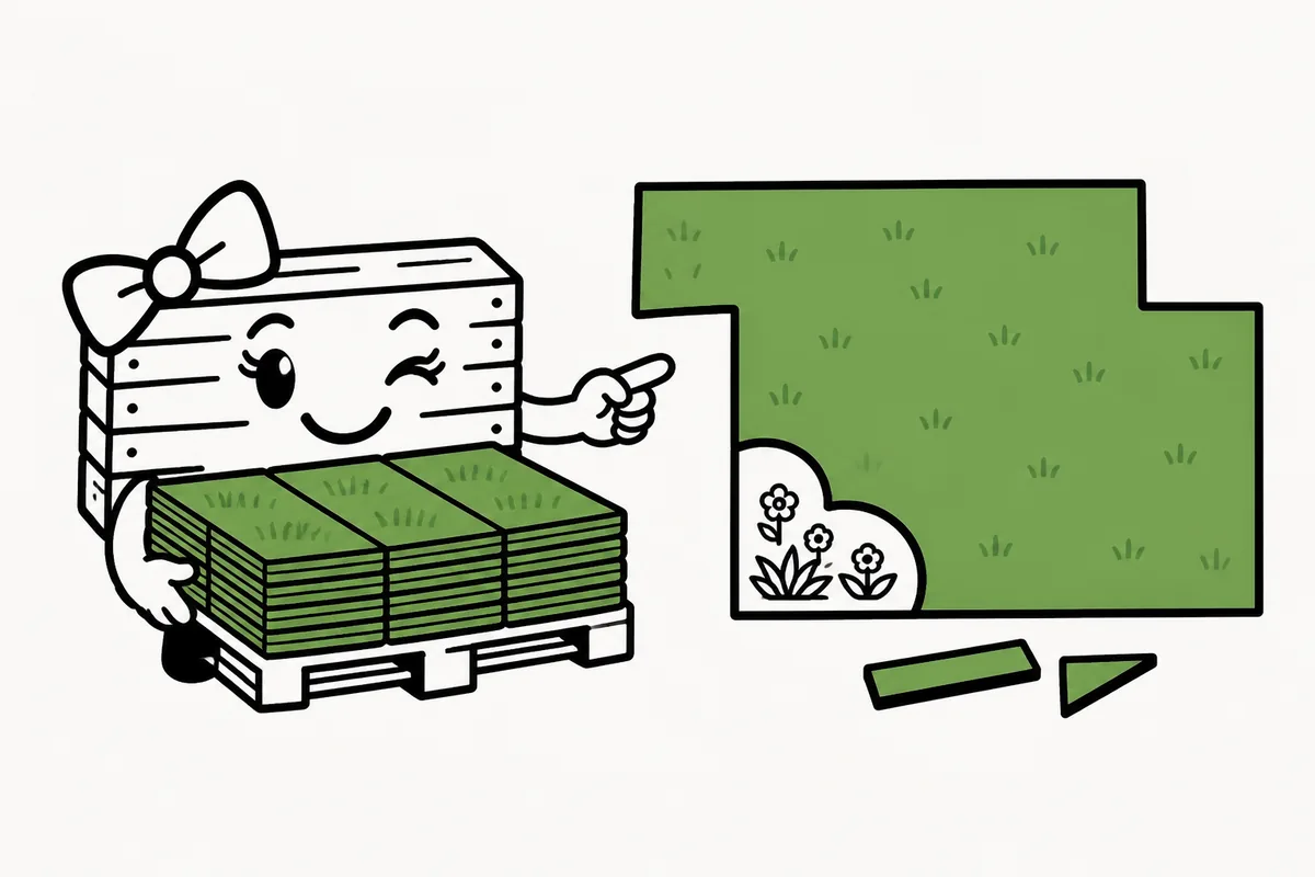Palette carries a pallet of sod beside a measured lawn with a flower bed subtracted and trim pieces set aside