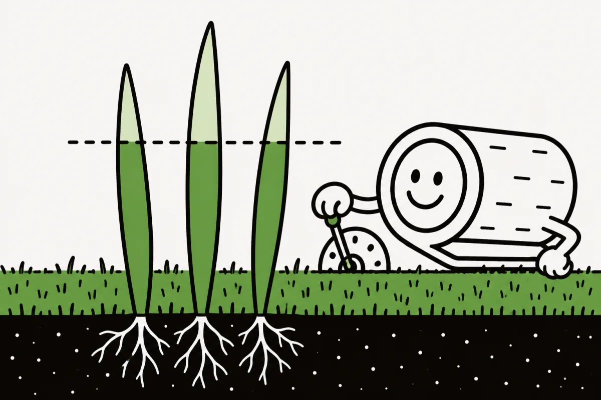 A close view of grass blades marks the upper portion for cutting beside a mower.