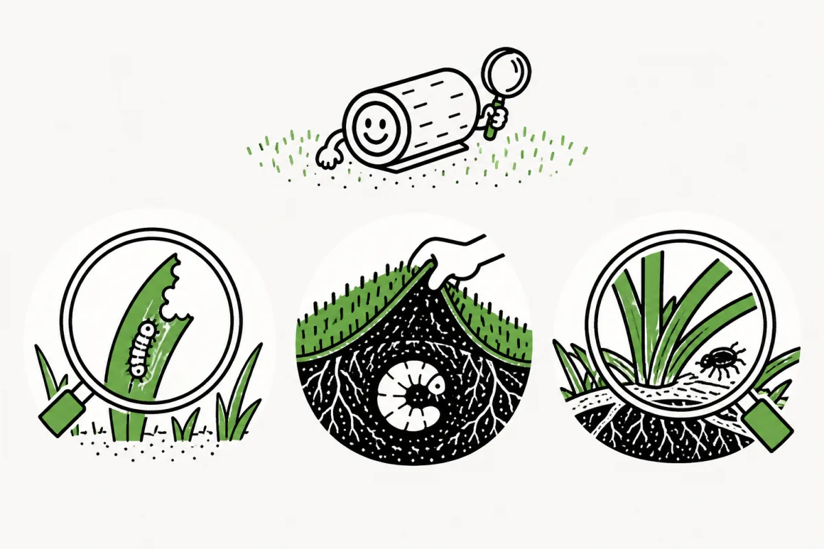 Magnified views show a caterpillar, grub, and small insect at a plant base.