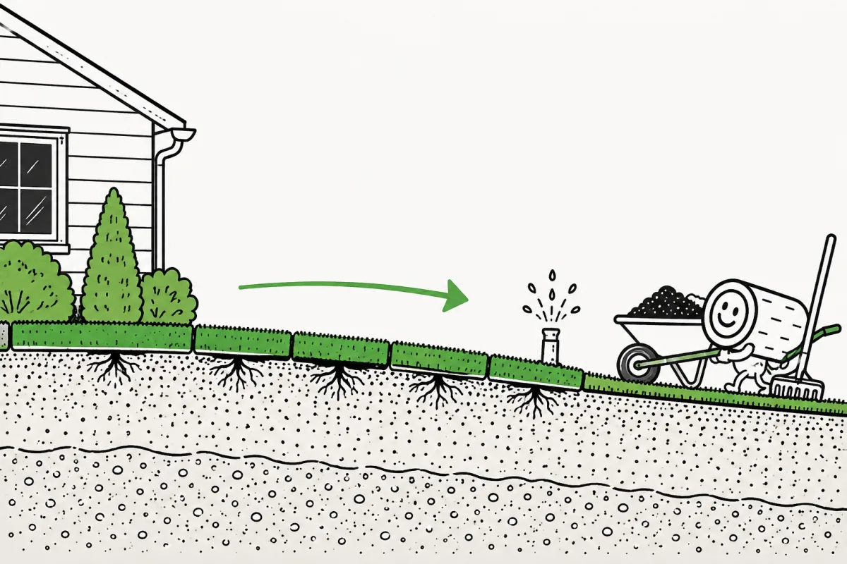 A soil cutaway shows prepared soil, drainage away from a house, and a marked sprinkler.