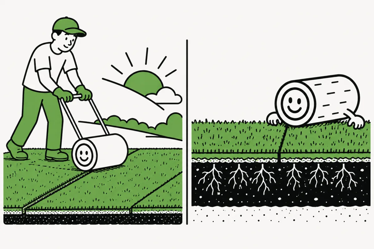 A small lawn roller presses turf while a soil cutaway shows roots meeting the prepared bed.
