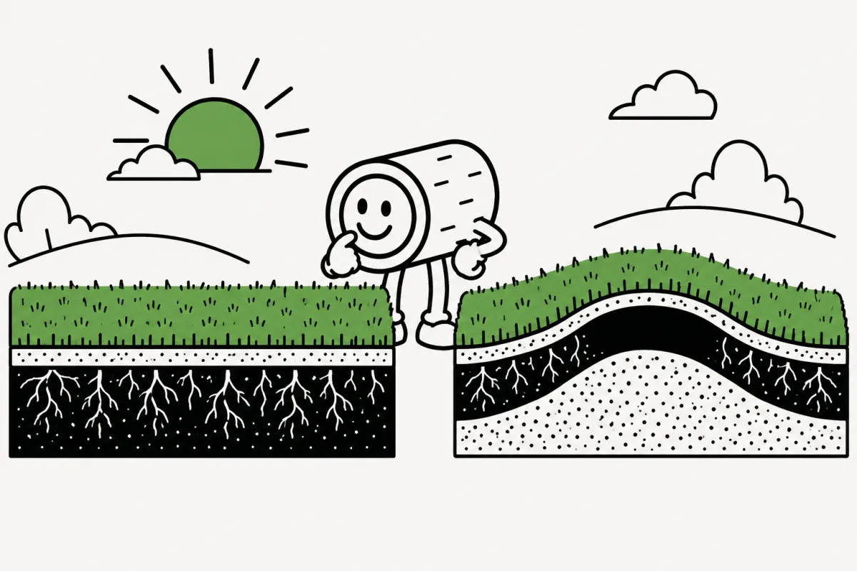 Sod lies flat on a prepared bed beside a piece bridging an air pocket.