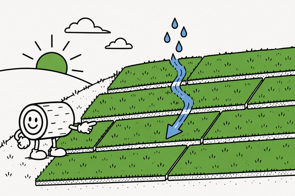 Staggered sod rows run across a gentle slope, with a water arrow pointing downhill across the rows.