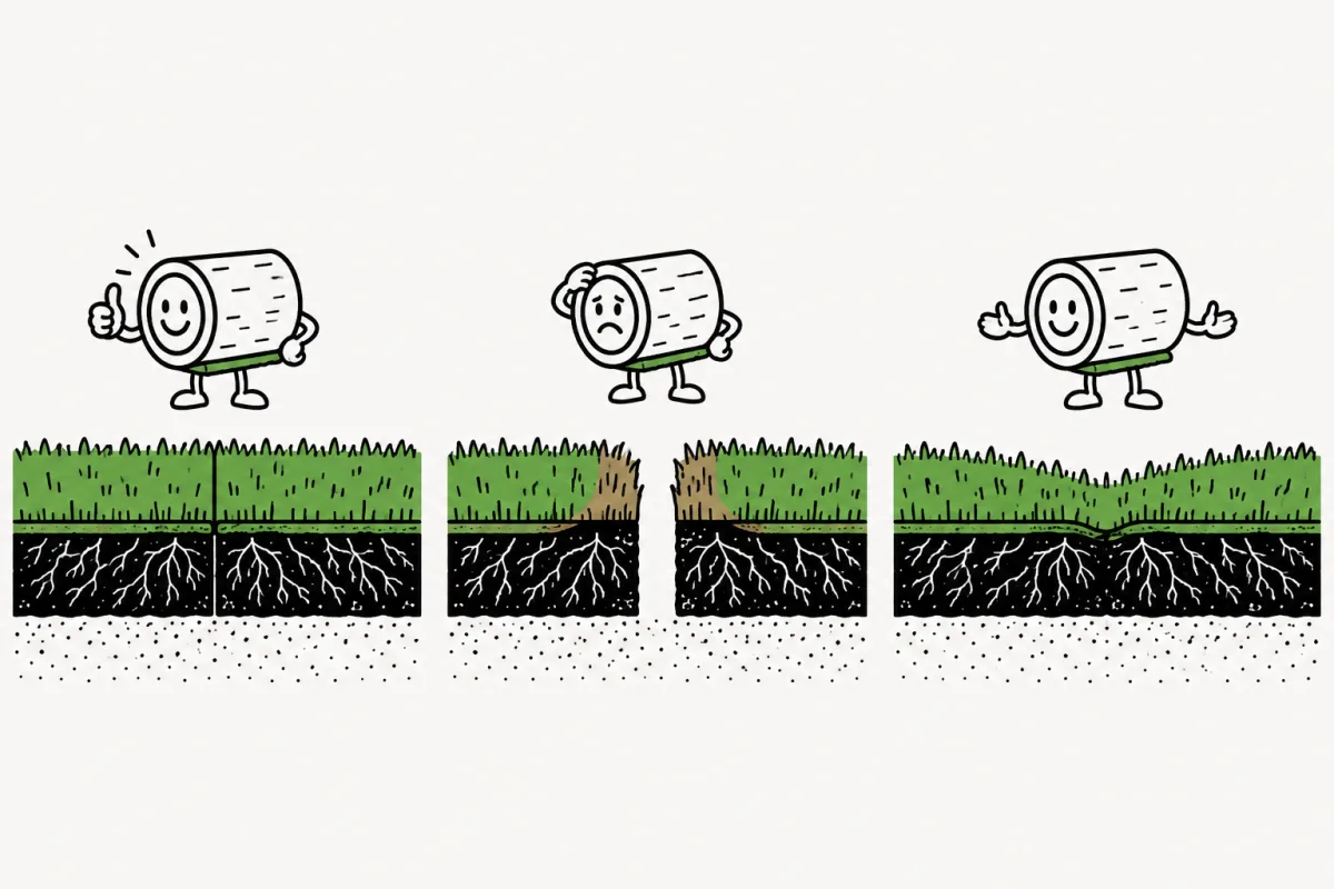 Three lawn profiles show a green level seam, dry separated edges, and a settled low spot.