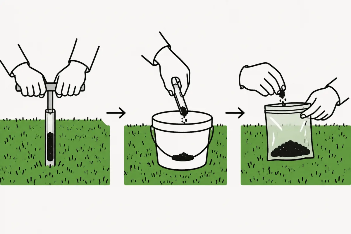 Hands collect soil, combine samples in a bucket, and fill a sample bag.