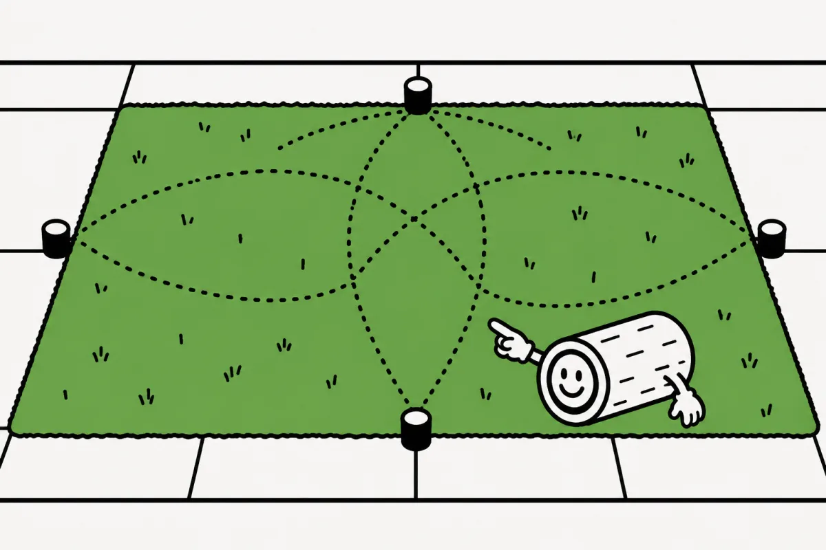 Overlapping sprinkler arcs cover a lawn while the adjacent sidewalk stays dry.