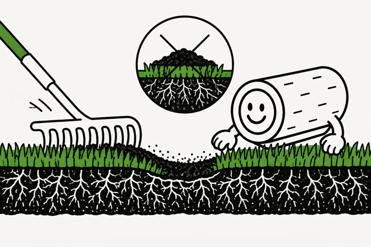 A rake works a thin soil layer into rooted turf while grass blades remain exposed.