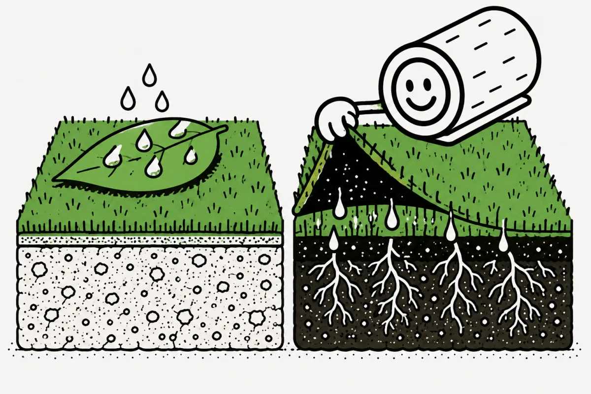Two soil cutaways compare wet leaves over dry soil with water reaching the roots.