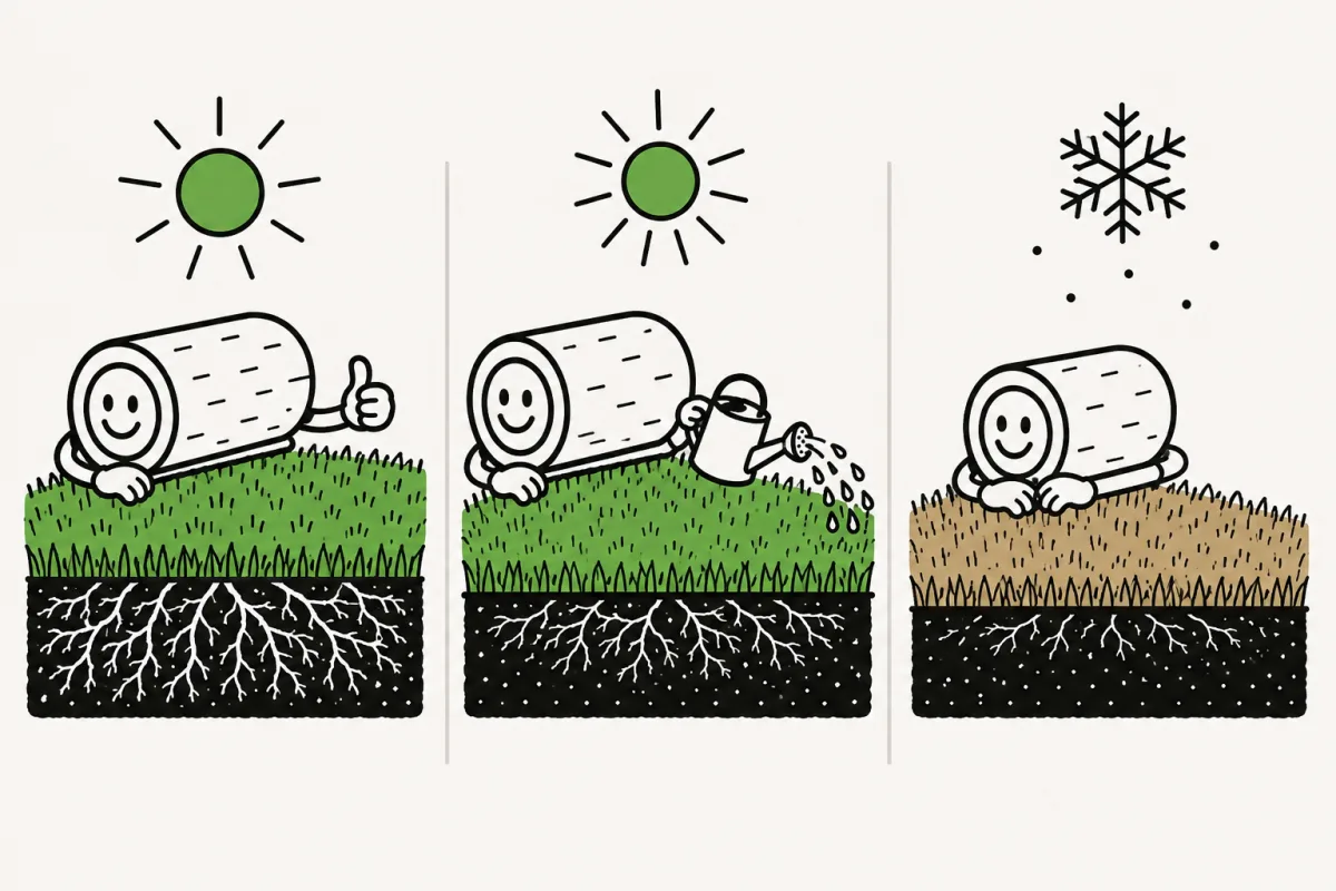 Three turf scenes show mild growing weather, summer heat, and winter dormancy.