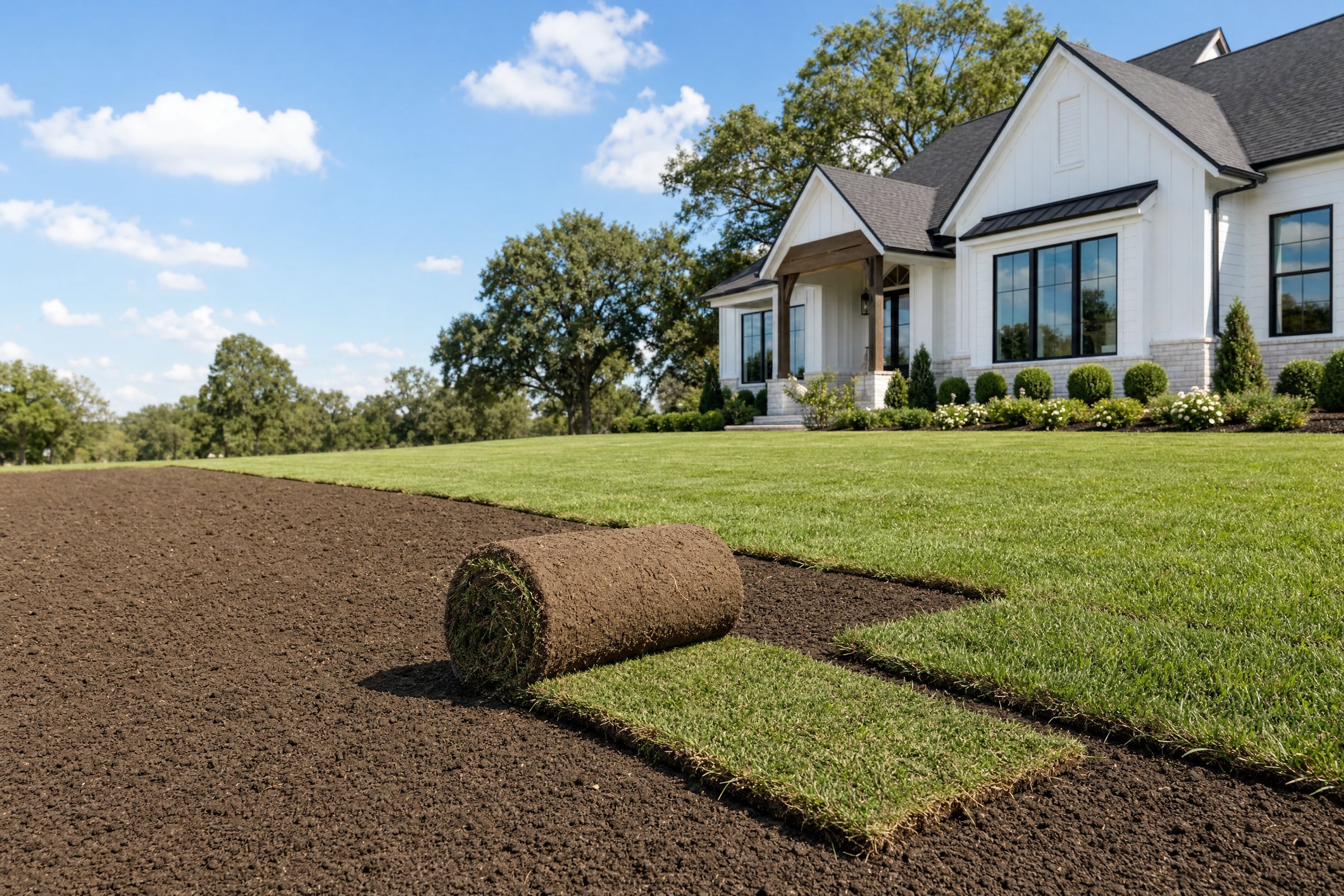 Fresh-cut sod being unrolled onto prepared soil in a DFW yard