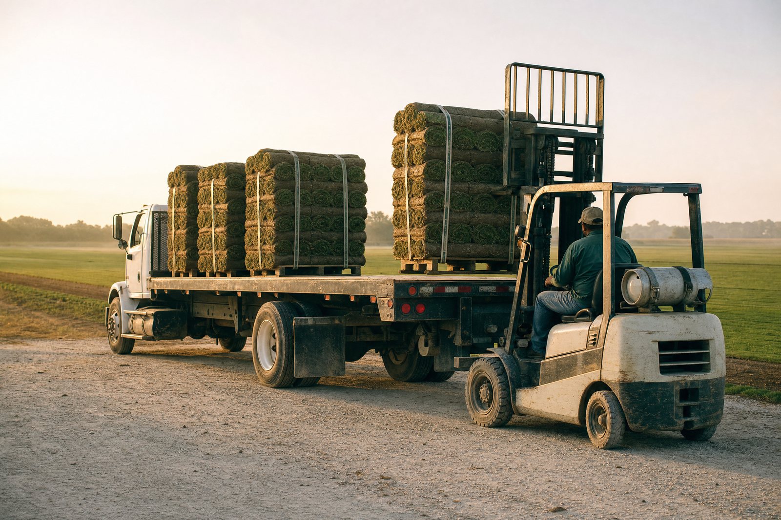 Pallets of sod loaded on a flatbed at the farm